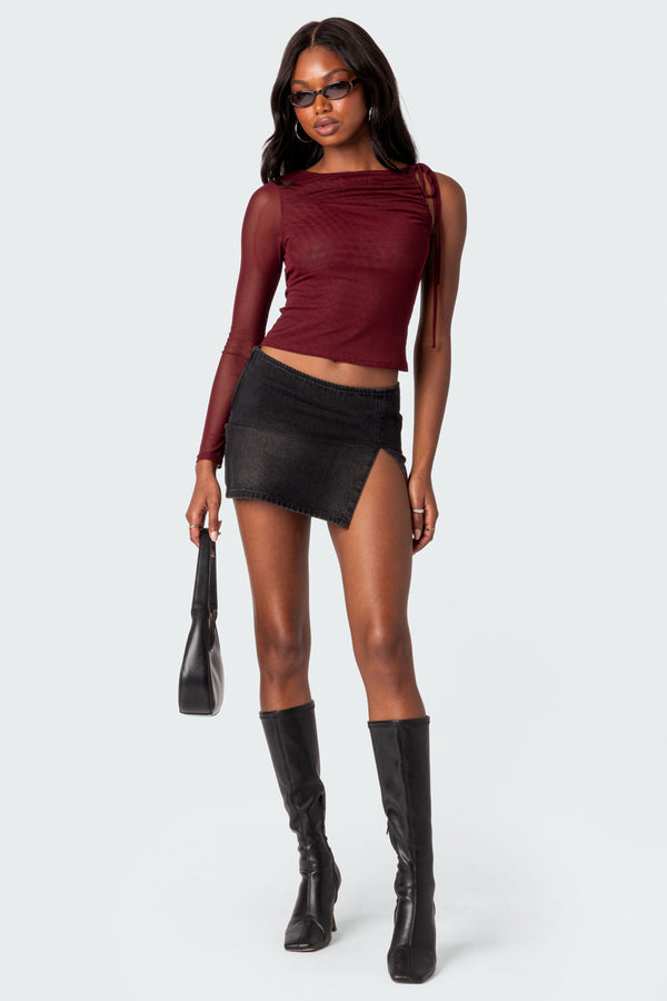 Edikted Jupiter One Shoulder Mesh Top Burgundy
