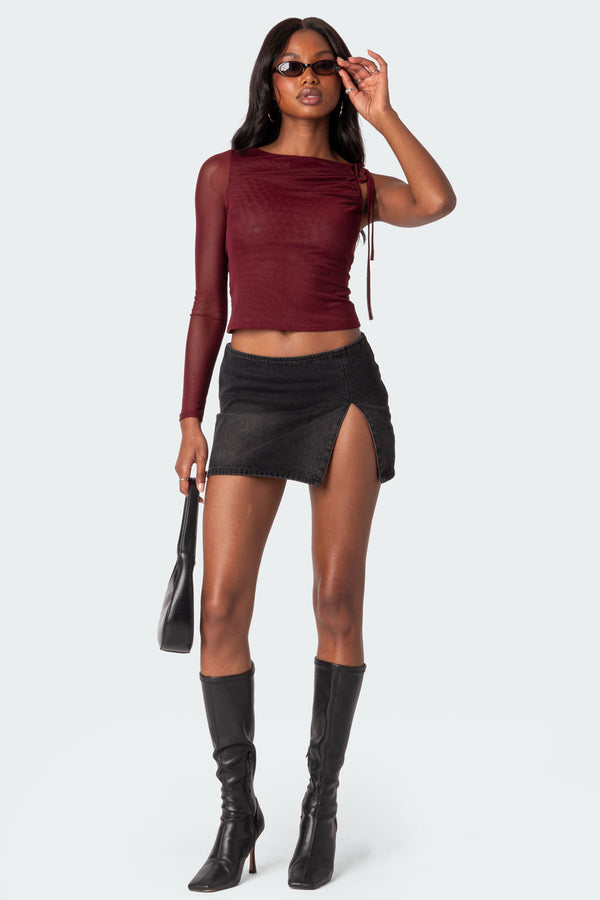 Edikted Jupiter One Shoulder Mesh Top Burgundy