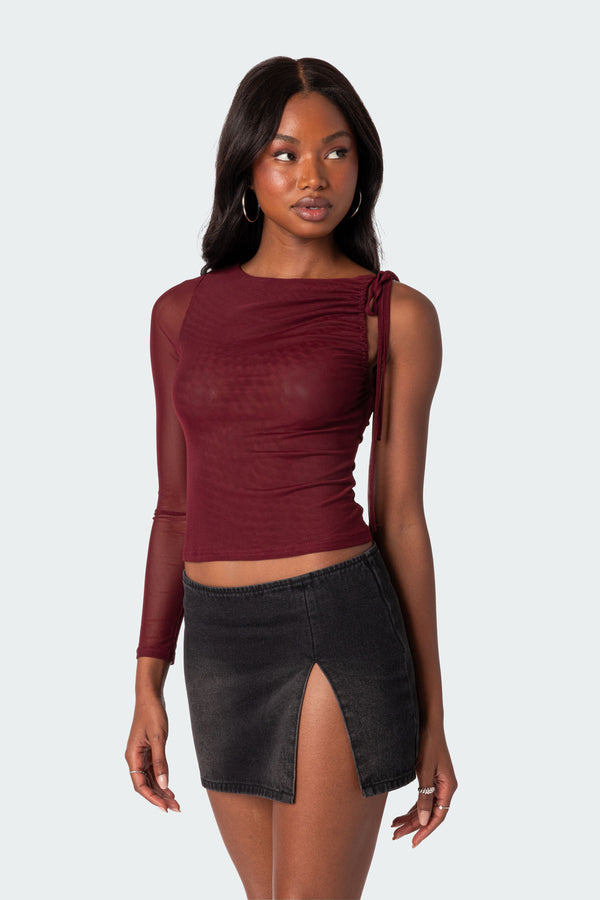 Edikted Jupiter One Shoulder Mesh Top Burgundy