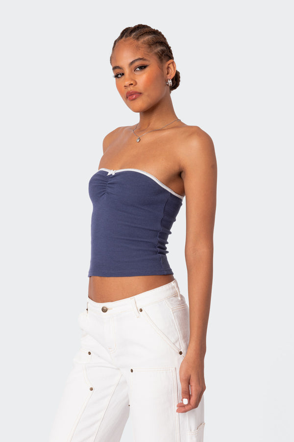 Edikted Kacey Strapless Waffle Top Dark Blue