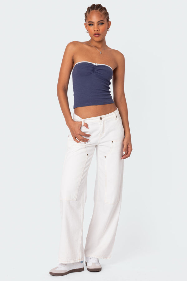 Edikted Kacey Strapless Waffle Top Dark Blue