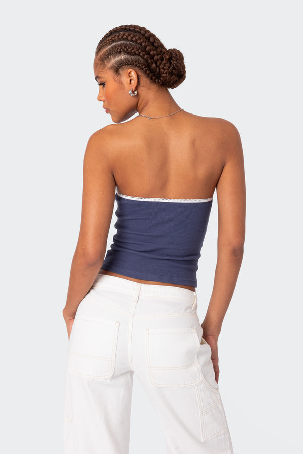 Edikted Kacey Strapless Waffle Top Dark Blue