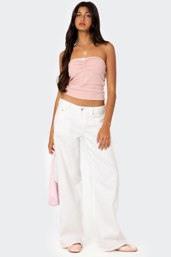 Edikted Kacey Strapless Waffle Top Pink