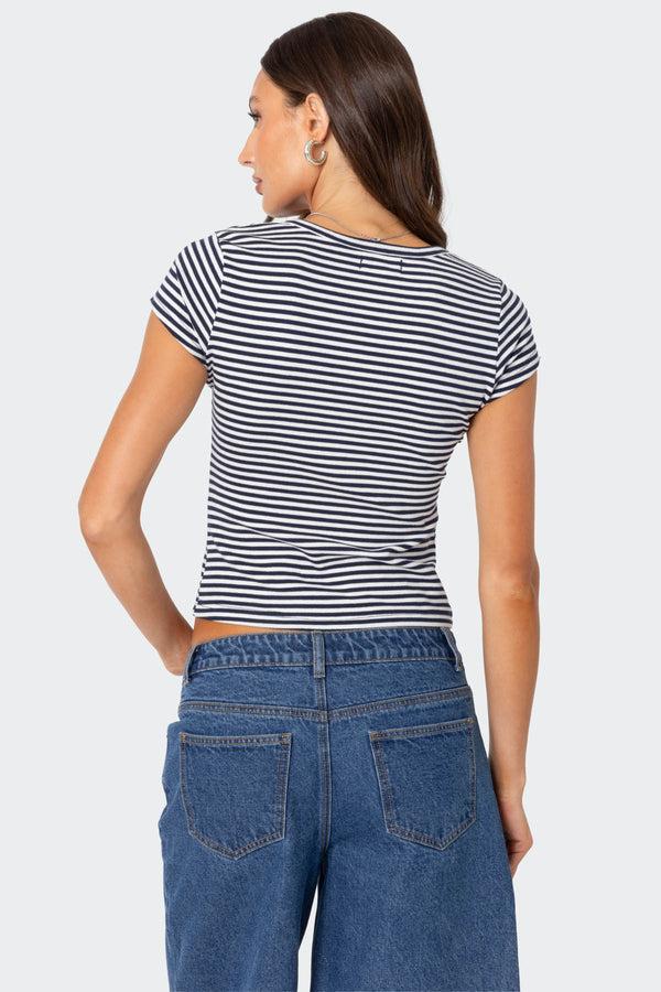 Edikted Kady Striped Henley T Shirt Navy