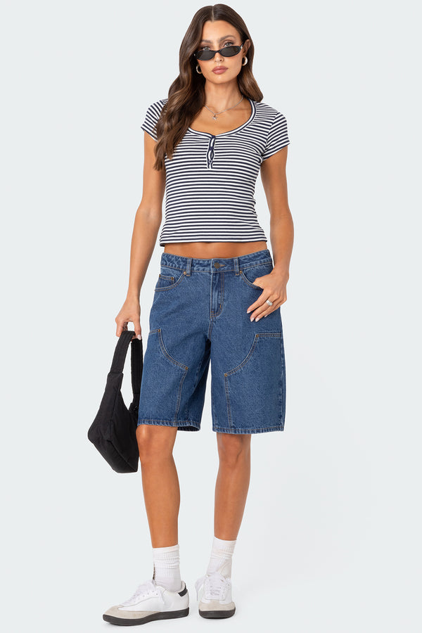 Edikted Kady Striped Henley T Shirt Navy