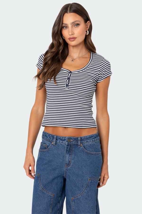 edikted Kady Striped Henley T Shirt navy