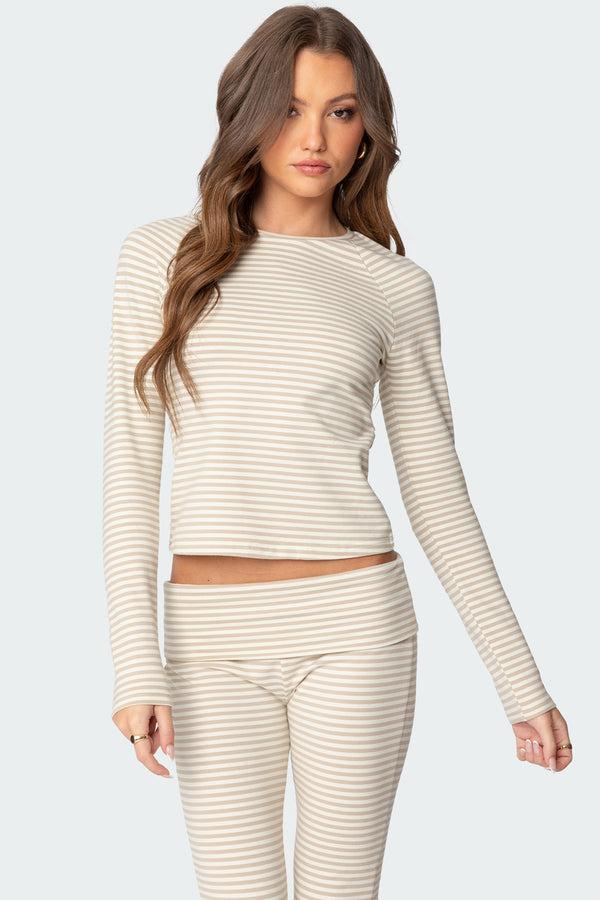edikted Kaeli Stripey Long Sleeve T Shirt beige