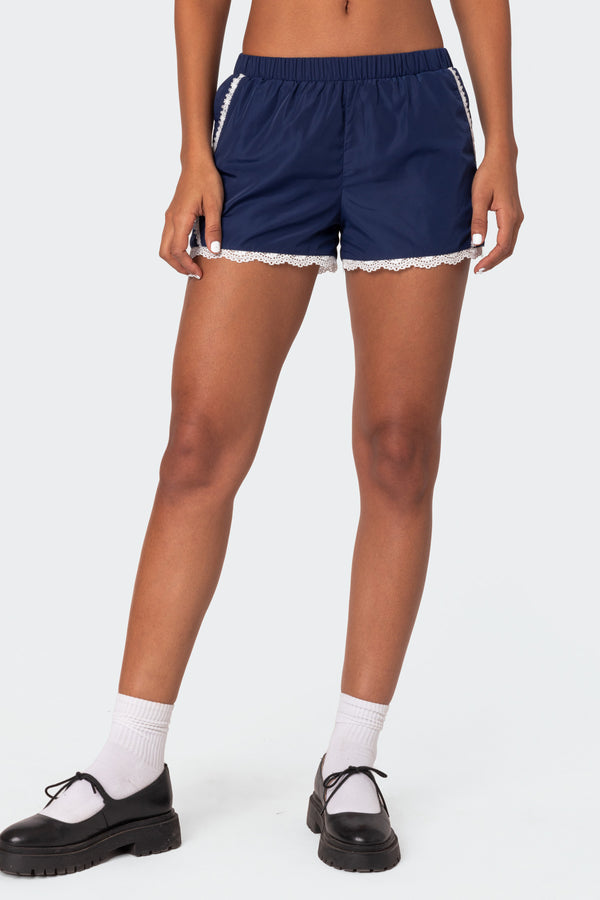 Edikted Kallie Lacey Track Shorts Navy
