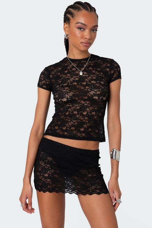 edikted Kaori Sheer Lace T Shirt black