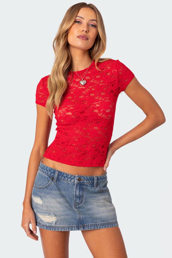 edikted Kaori Sheer Lace T Shirt red