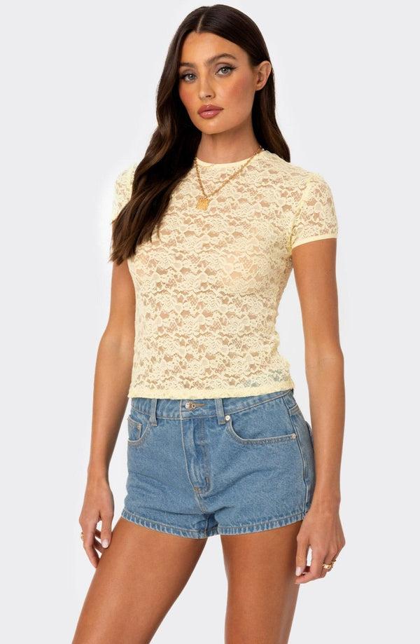 edikted Kaori Sheer Lace T Shirt yellow