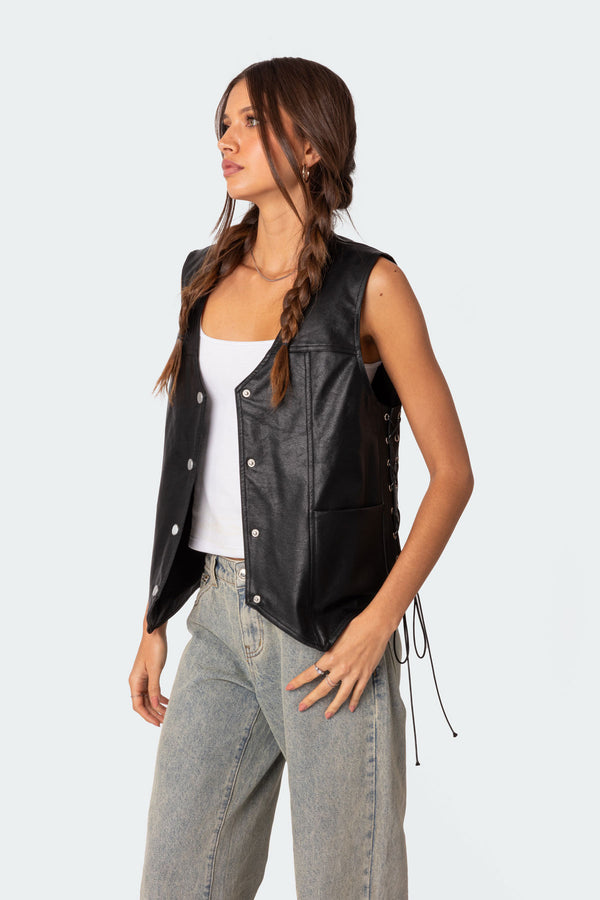 Edikted Kara Faux Leather Lace Up Vest Black