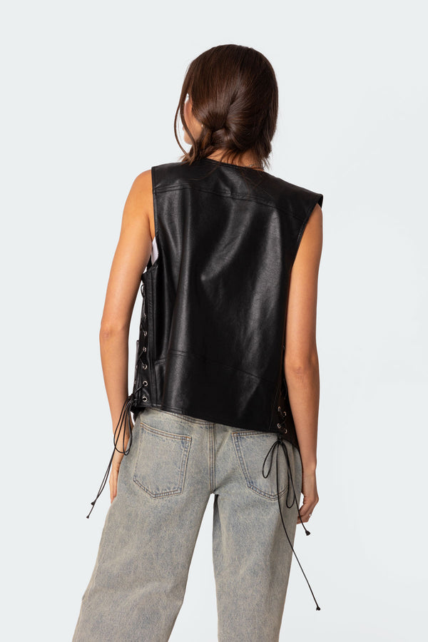 Edikted Kara Faux Leather Lace Up Vest Black