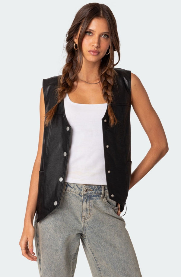edikted Kara Faux Leather Lace Up Vest black