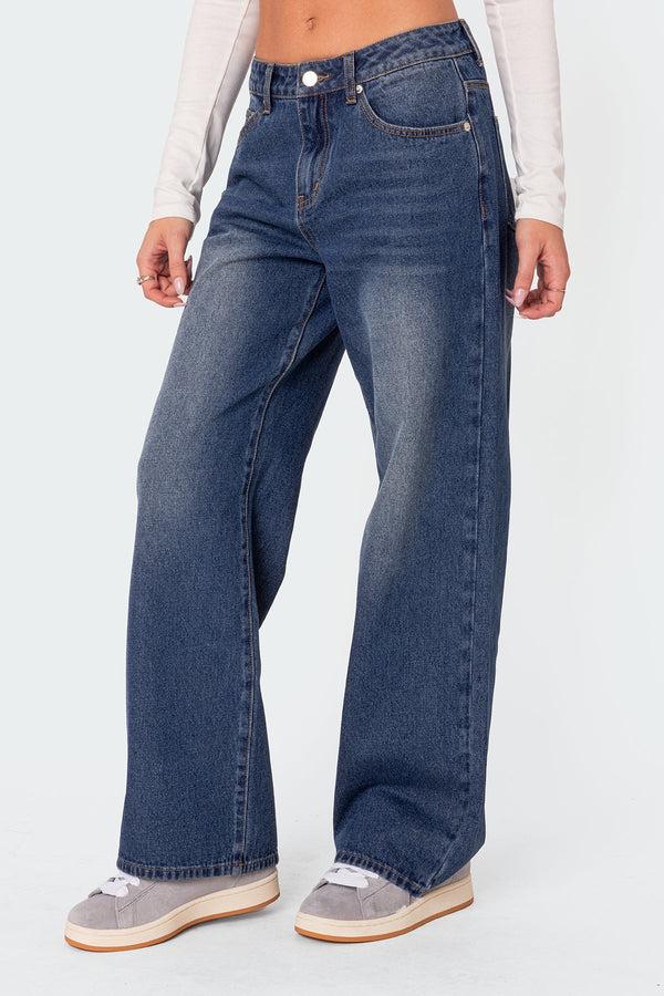 Edikted Karie Relaxed Mid Rise Jeans Dark Blue