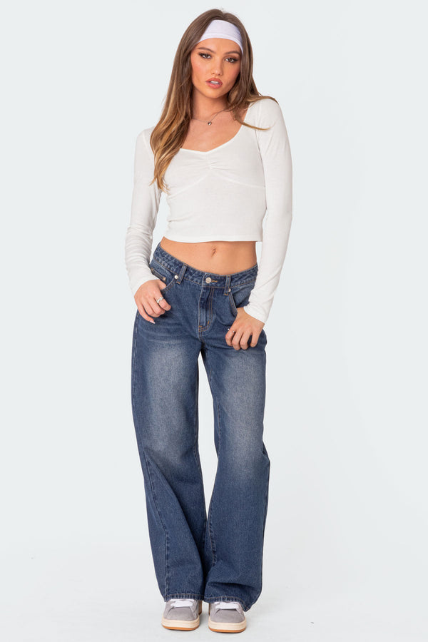 Edikted Karie Relaxed Mid Rise Jeans Dark Blue