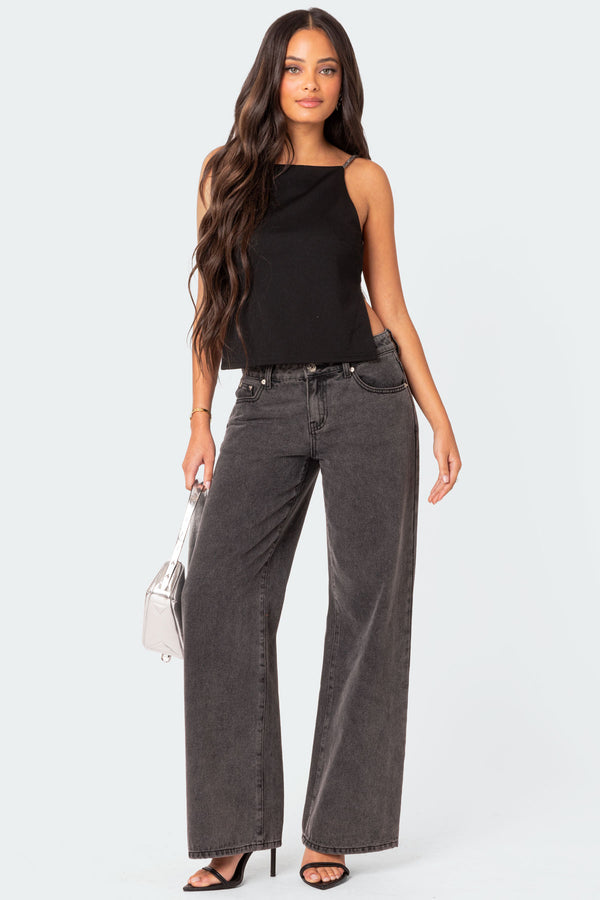 Edikted Karli Rhinestone Strap Open Back Top Black