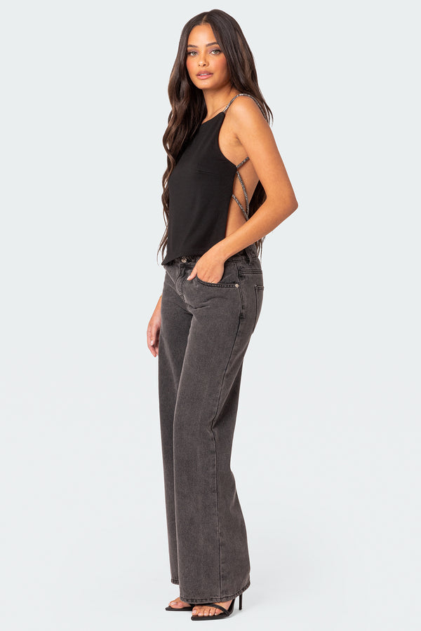 Edikted Karli Rhinestone Strap Open Back Top Black