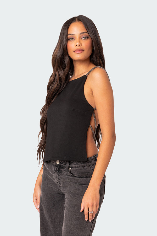 Edikted Karli Rhinestone Strap Open Back Top Black