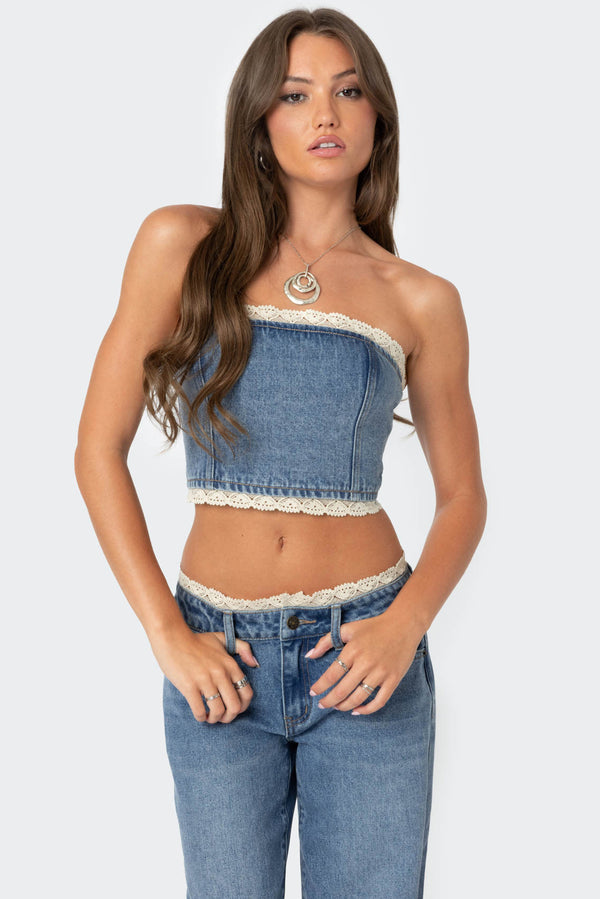 edikted Karlie Lace Trim Denim Tube Top blue
