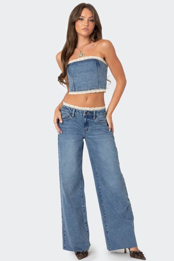 Edikted Karlie Lace Trim Jeans Blue
