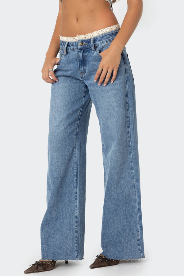 Edikted Karlie Lace Trim Jeans Blue