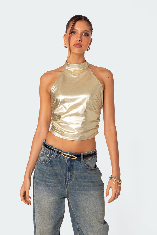 Edikted Karter Metallic Halter Top Gold