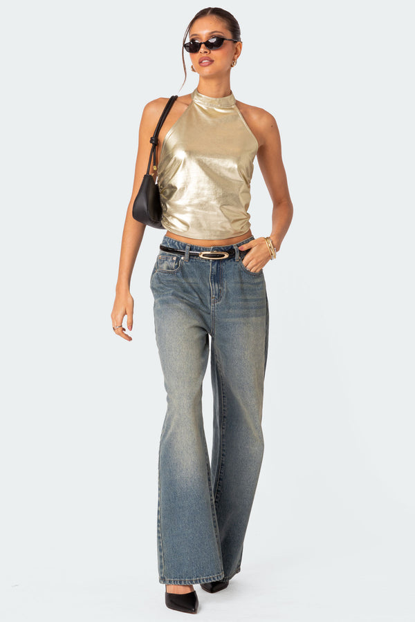 edikted Karter Metallic Halter Top gold