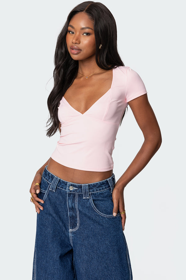 edikted Katia V Neck Top pink