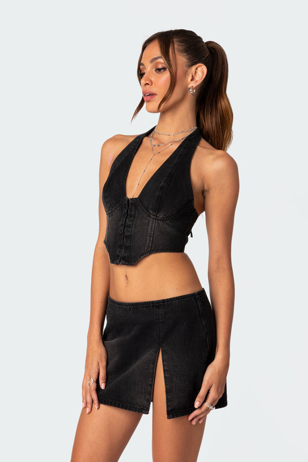 Edikted Katrina Lace Up Denim Corset Black Washed