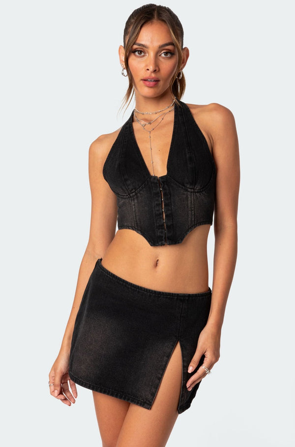 edikted Katrina Lace Up Denim Corset black washed