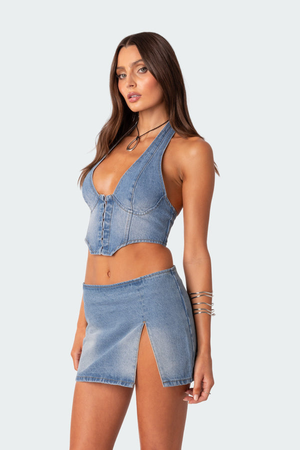Edikted Katrina Lace Up Denim Corset Blue