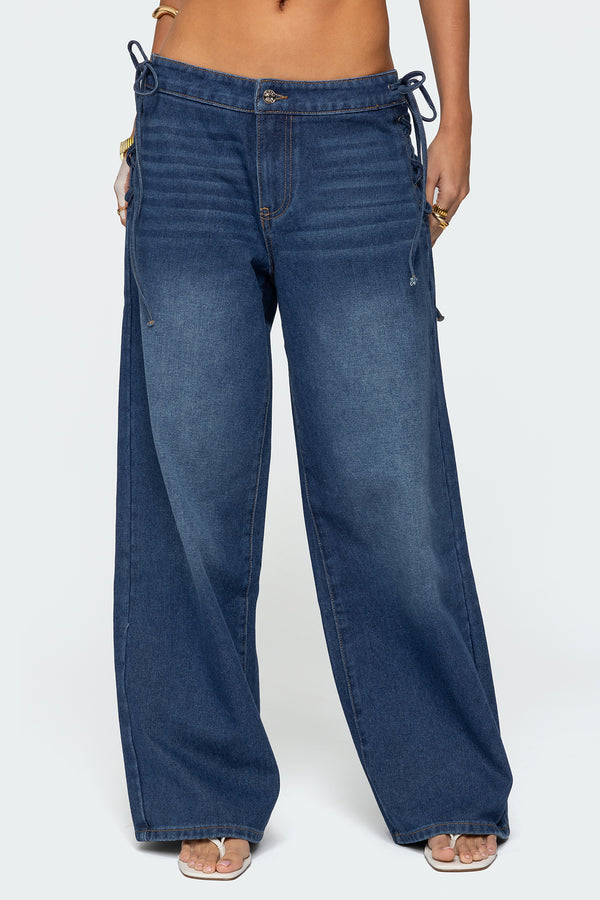 Edikted Katt Lace Up Baggy Jeans Blue