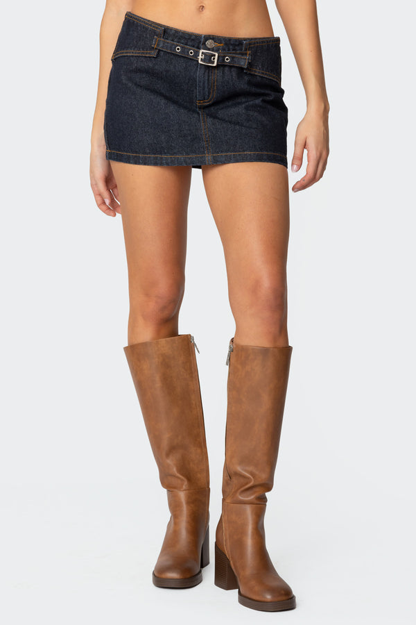 Edikted Keira Buckled Denim Mini Skirt Dark Blue