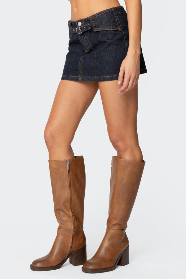 Edikted Keira Buckled Denim Mini Skirt Dark Blue
