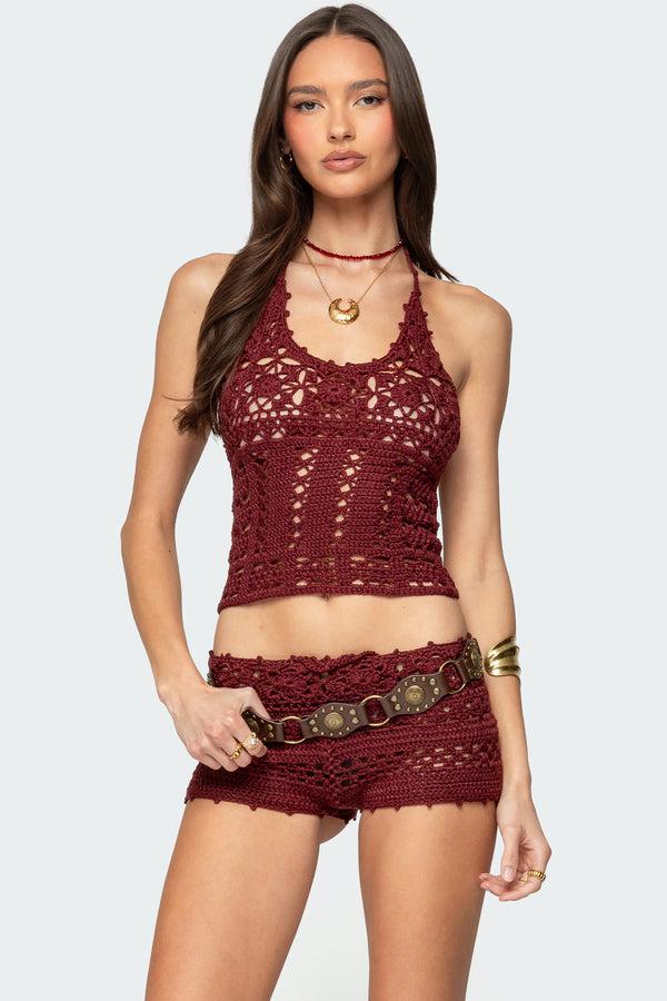 edikted Kelani Crochet Halter Top burgundy