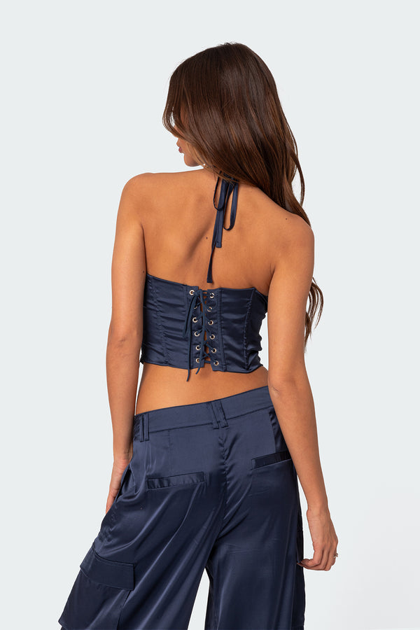 Edikted Kelsey Satin Effect Lace Up Corset Navy