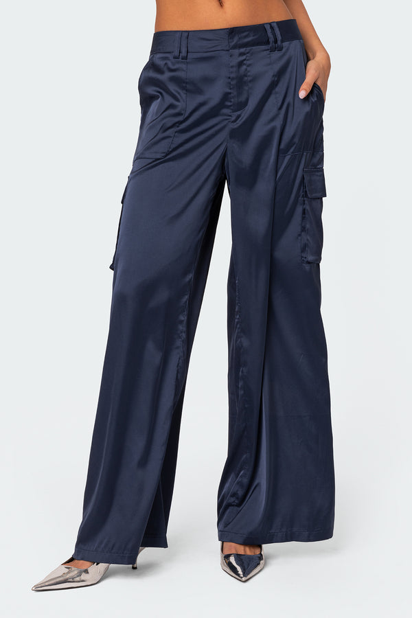 Edikted Kelsey Satin Effect Trousers Navy