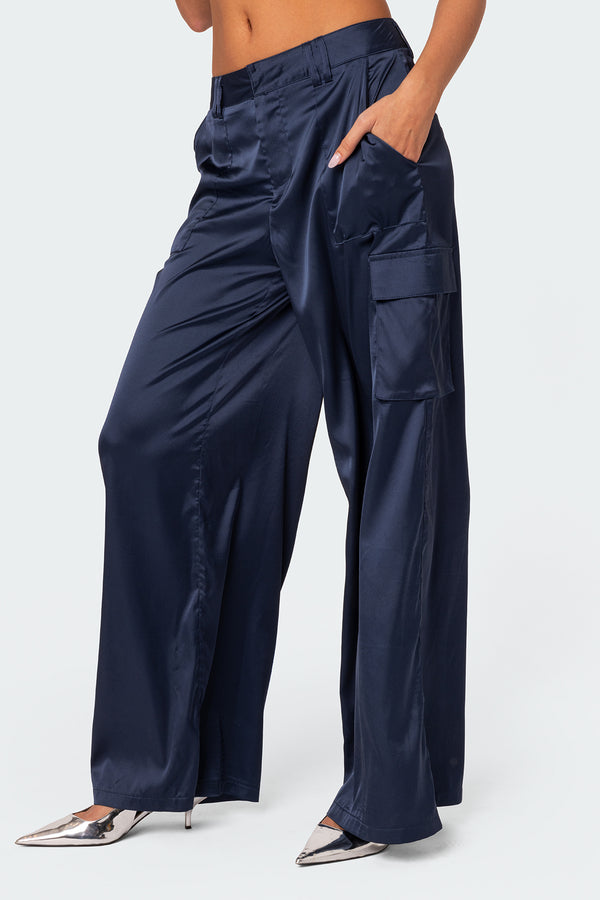 Edikted Kelsey Satin Effect Trousers Navy