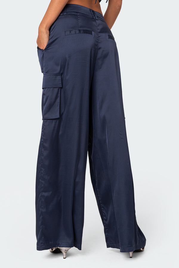 Edikted Kelsey Satin Effect Trousers Navy