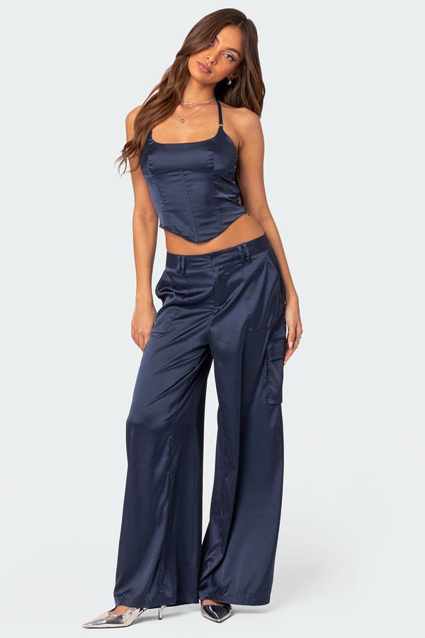 edikted Kelsey Satin Effect Trousers navy