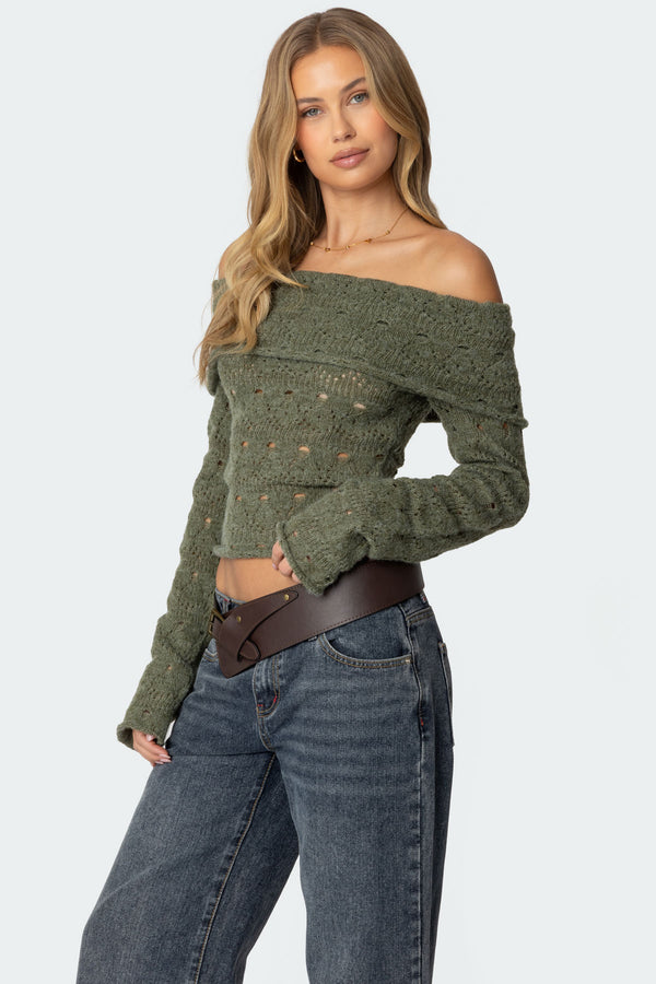 Edikted Kenna Fold Over Knit Top Green