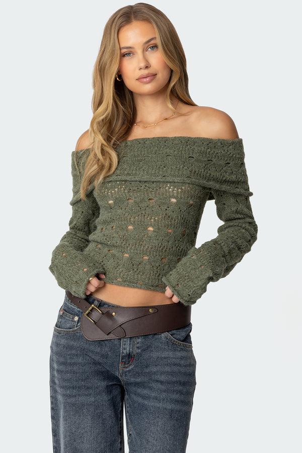 edikted Kenna Fold Over Knit Top green