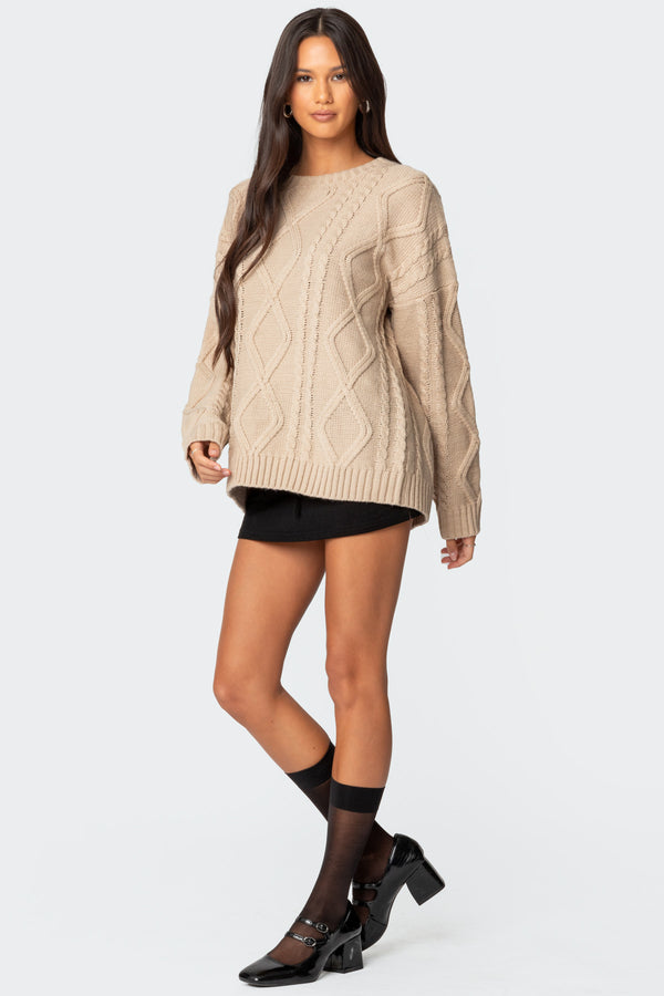 Edikted Kennedy Oversized Cable Knit Sweater Beige