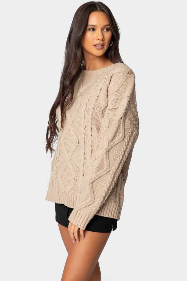 Edikted Kennedy Oversized Cable Knit Sweater Beige