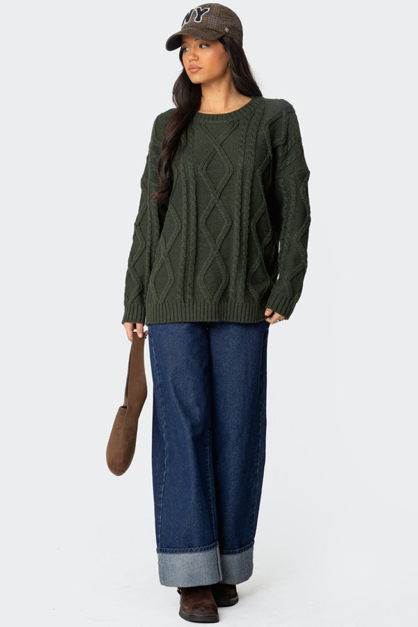 Edikted Kennedy Oversized Cable Knit Sweater Green