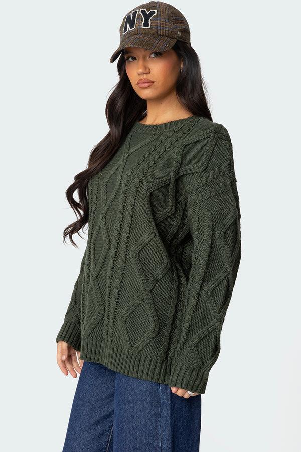 Edikted Kennedy Oversized Cable Knit Sweater Green