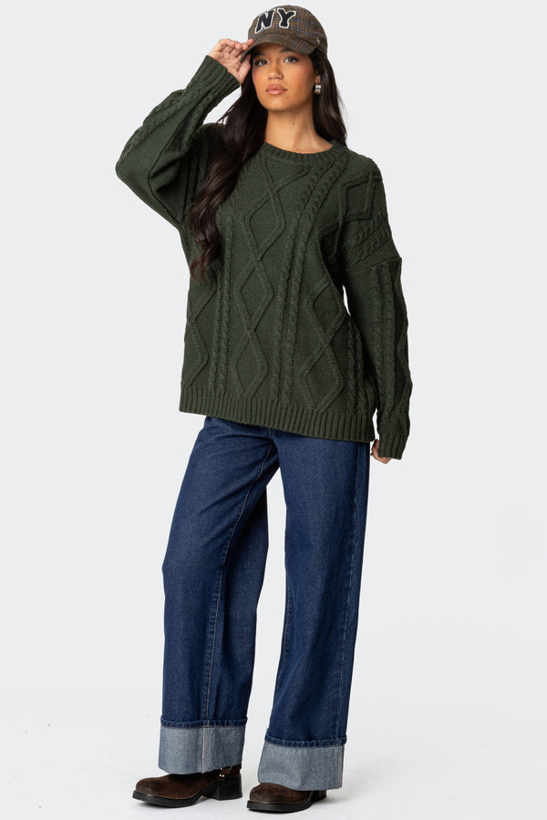 Edikted Kennedy Oversized Cable Knit Sweater Green