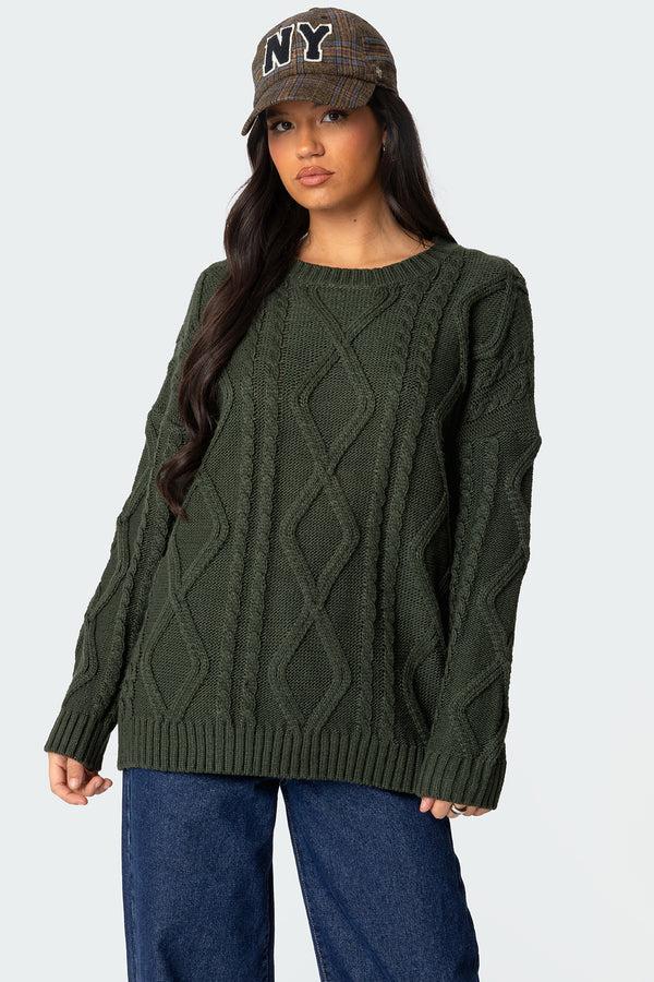 edikted Kennedy Oversized Cable Knit Sweater green