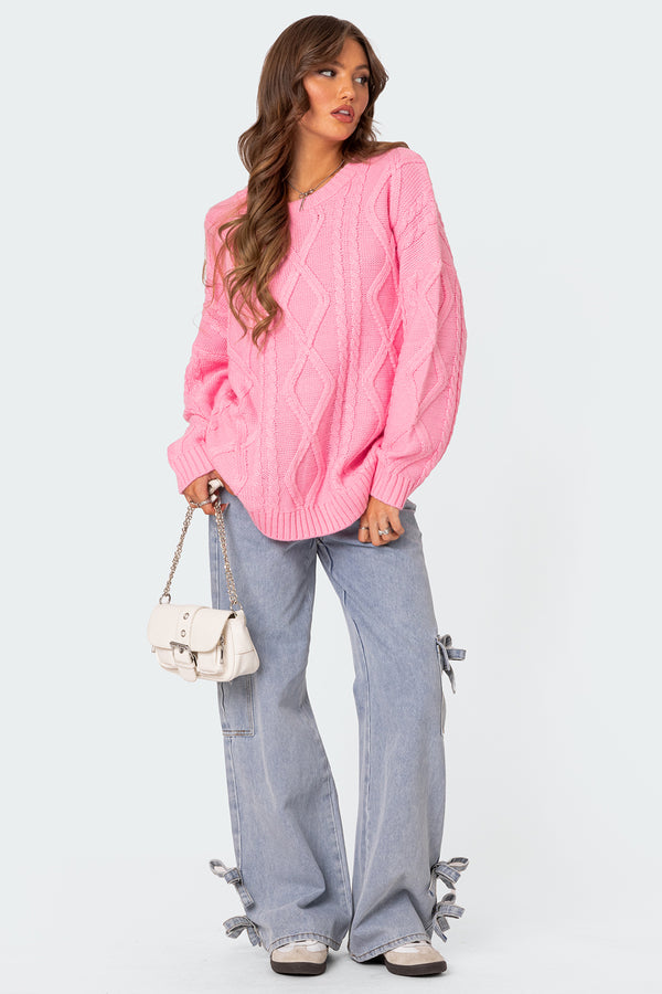 Edikted Kennedy Oversized Cable Knit Sweater Pink